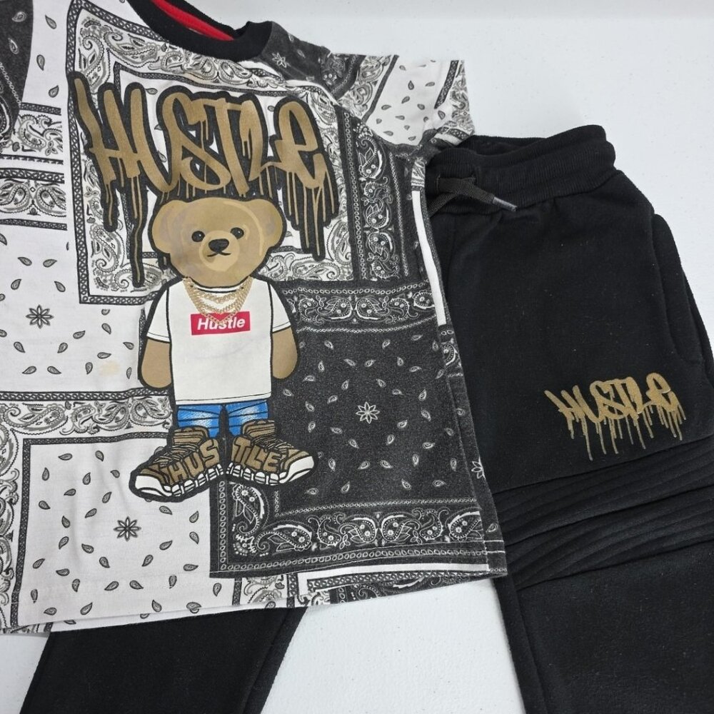 Prime Threads Boy 2pc Outfit Shirt Pant & Set Size 4 Black Gold Hustle Bear Logo